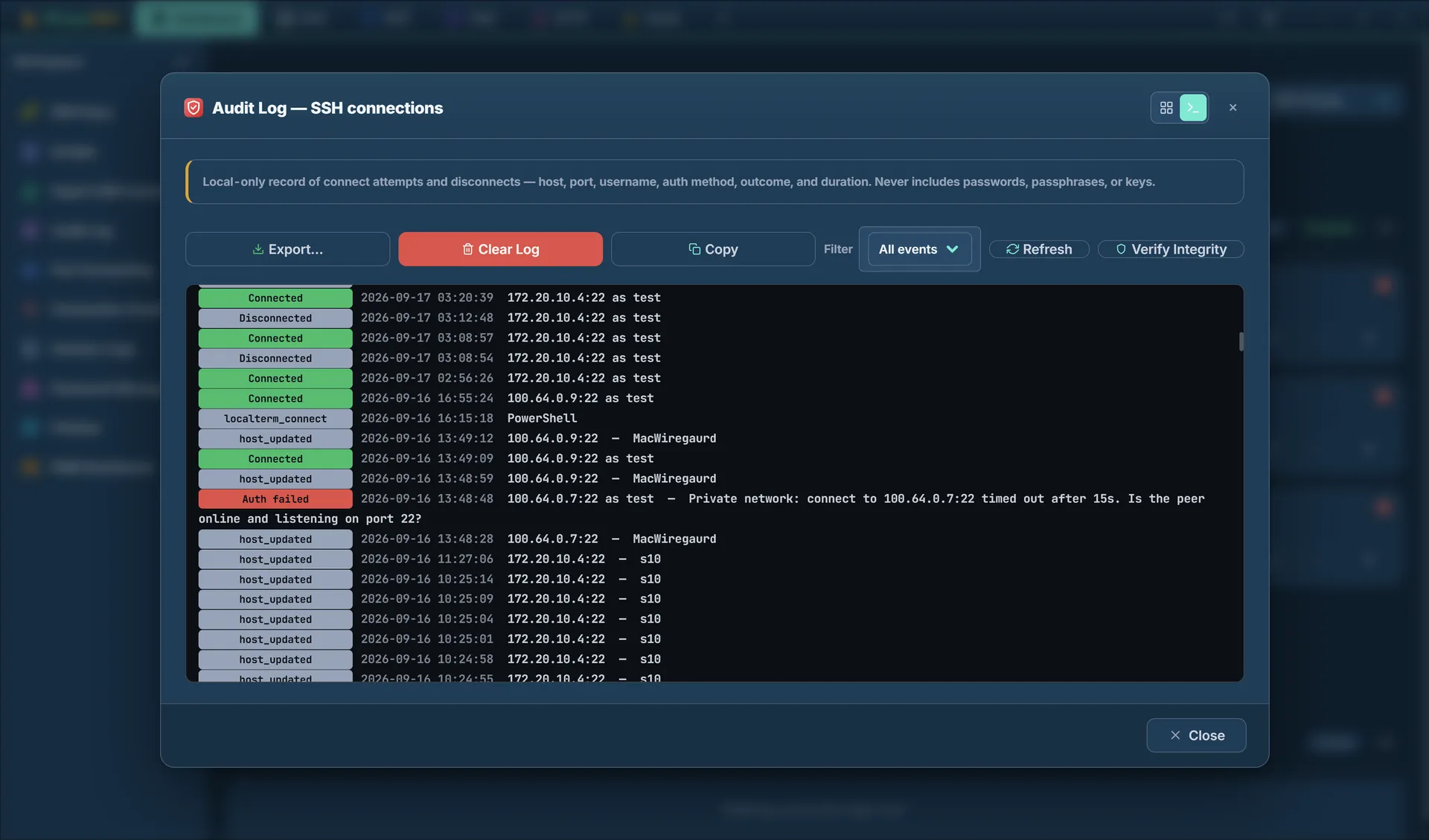 The audit log in console view, listing Connected, Disconnected, host_updated, localterm_connect and Auth failed events with timestamps, addresses and usernames, one failure showing its full timeout reason
