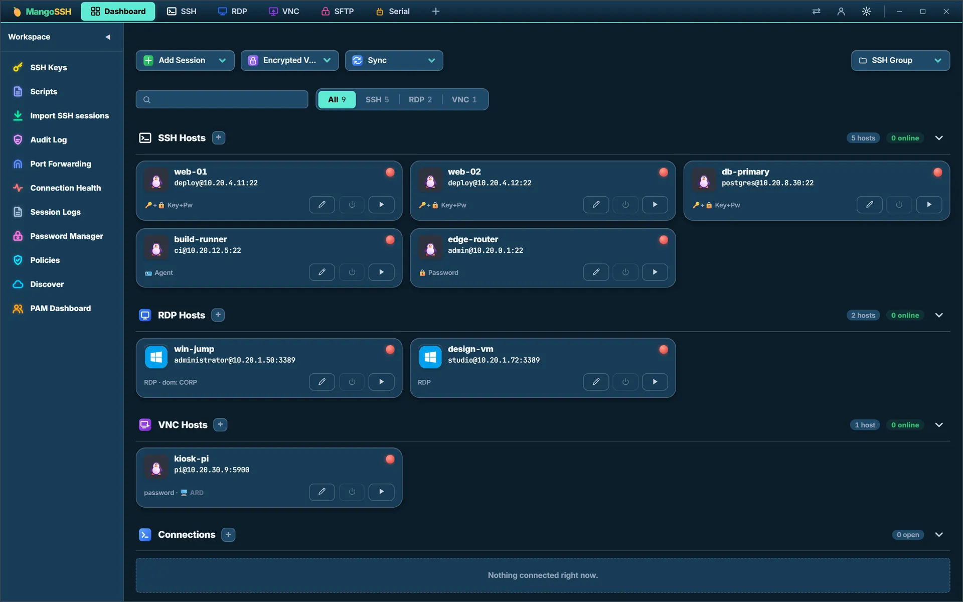 The MangoSSH dashboard listing saved SSH, RDP and VNC hosts as cards grouped by protocol