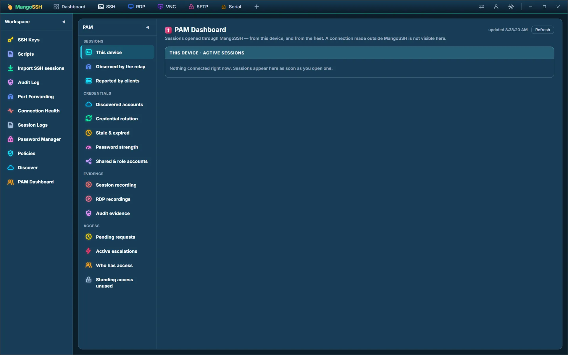 The PAM Dashboard, giving fleet-wide oversight of privileged sessions