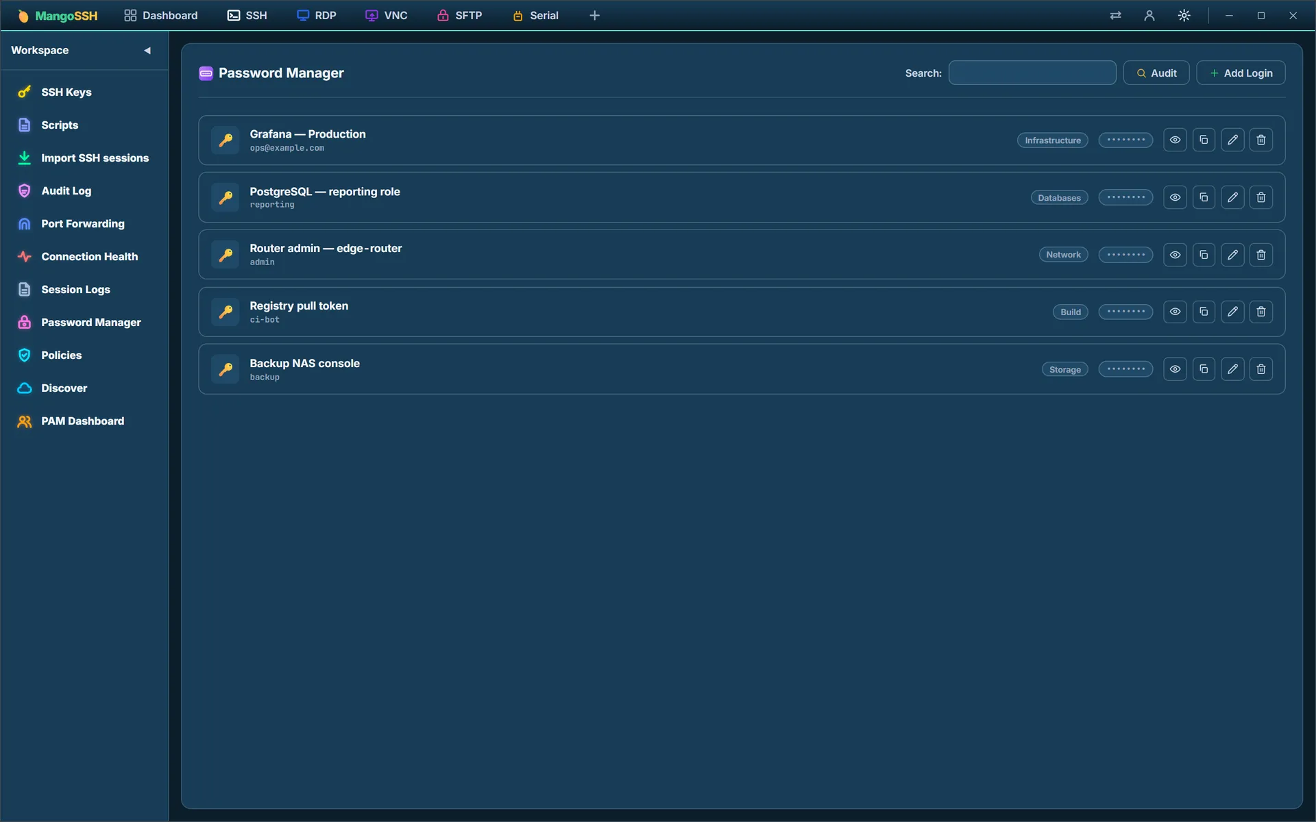 The Password Manager listing saved logins, each with a folder tag and masked password, plus reveal, copy, edit and delete controls