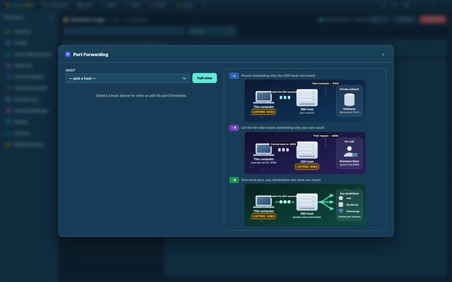 The Port Forwarding panel, showing the controls for starting a local or remote forward