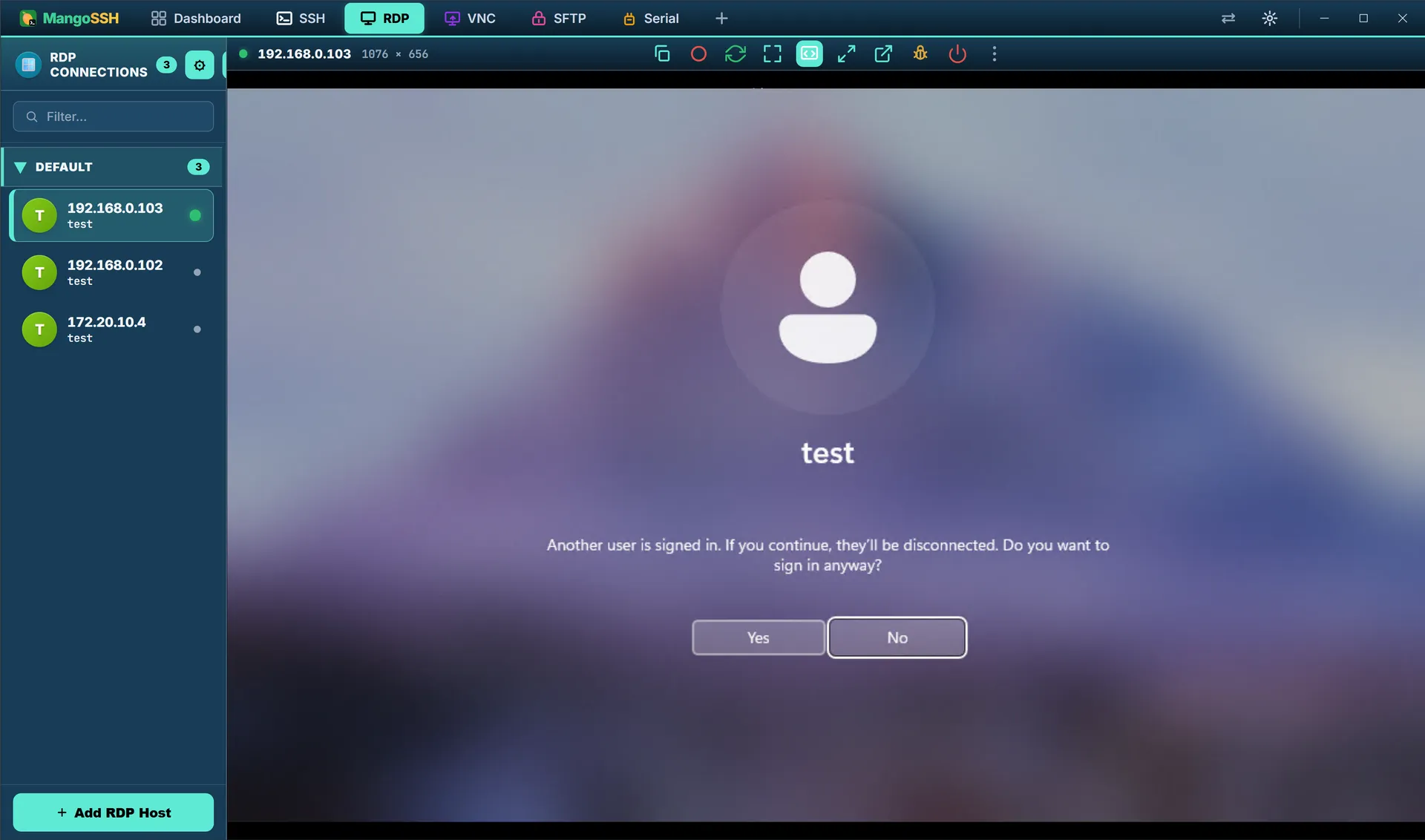 A live RDP session to a Windows host rendered inside the MangoSSH window, with the saved-connection sidebar on the left