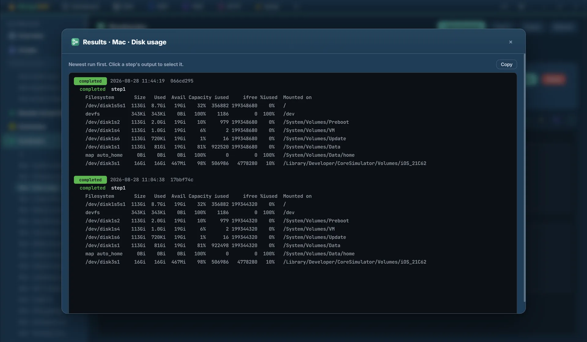 The results panel for a runbook, showing the captured stdout of a disk-usage step across two separate runs, newest first