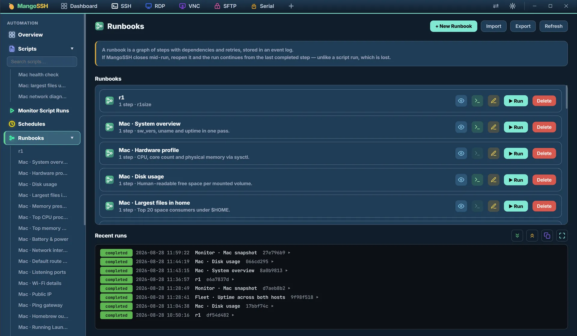 The Runbooks panel listing saved runbooks with their step counts, plus a Recent runs log of completed runs with timestamps and run ids