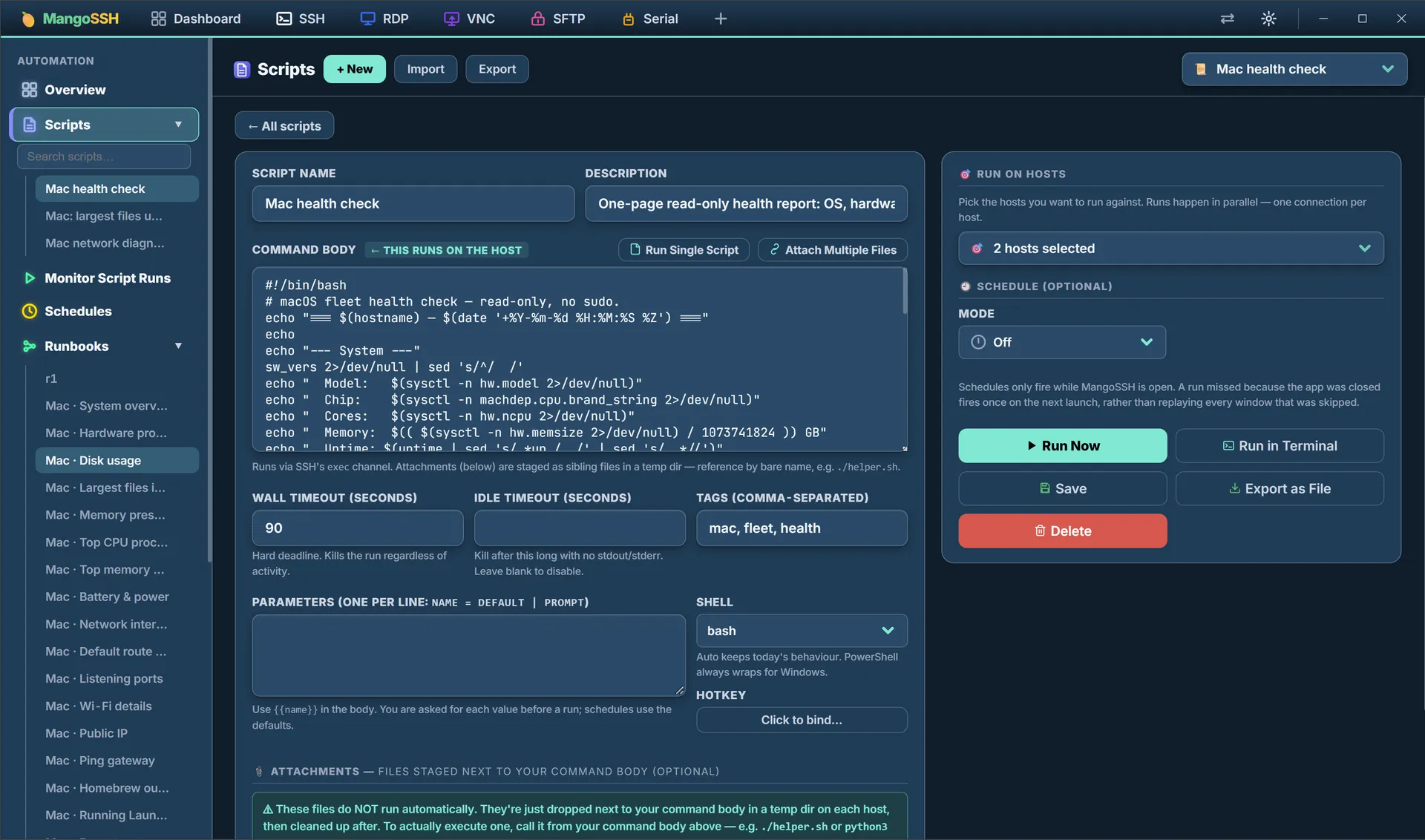 The script editor: name and description, the command body, wall and idle timeouts, tags, parameters and shell on the left; host selection, schedule mode and Run Now on the right