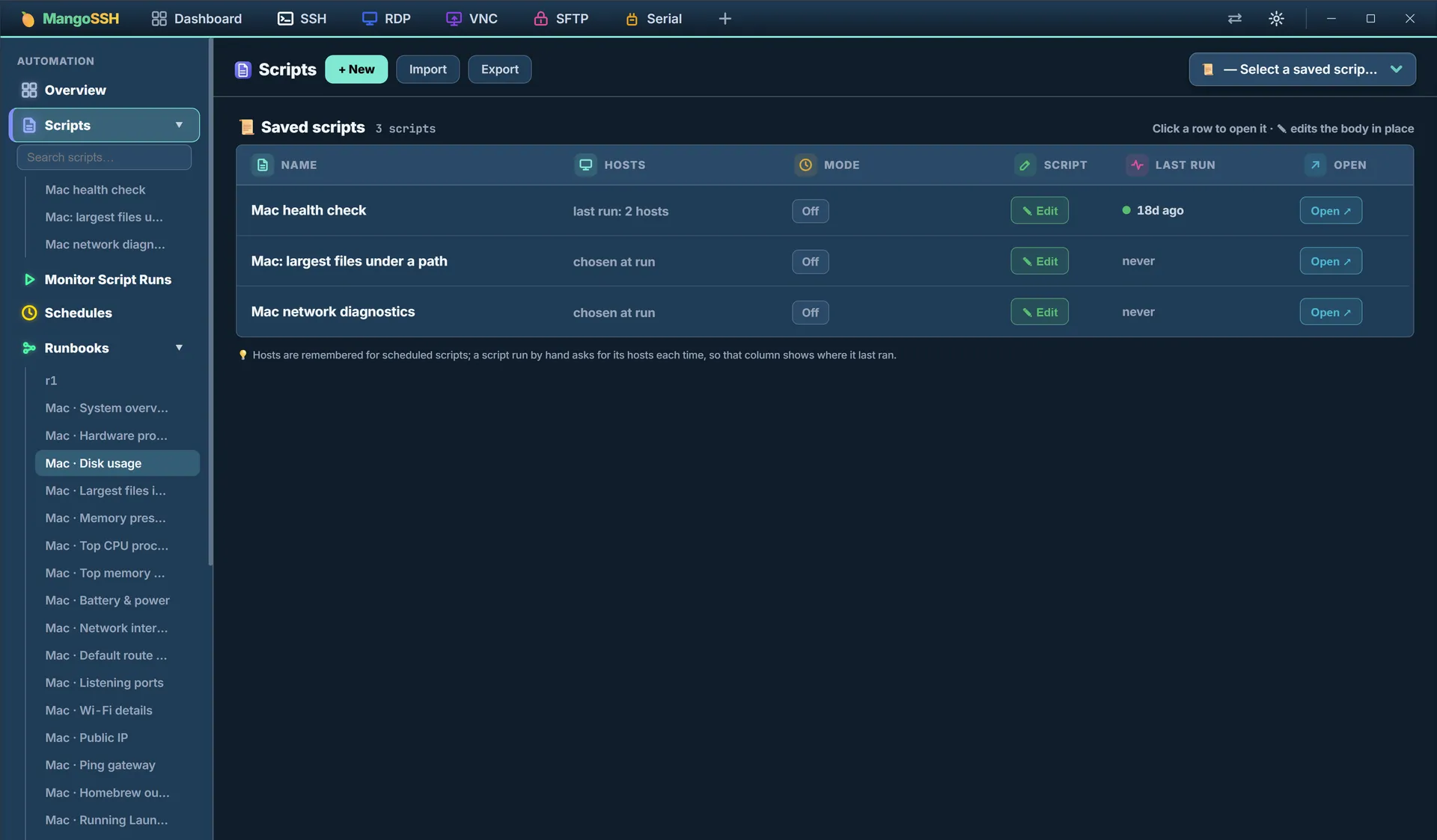 The saved scripts table with columns for name, hosts, schedule mode, last run and an open action