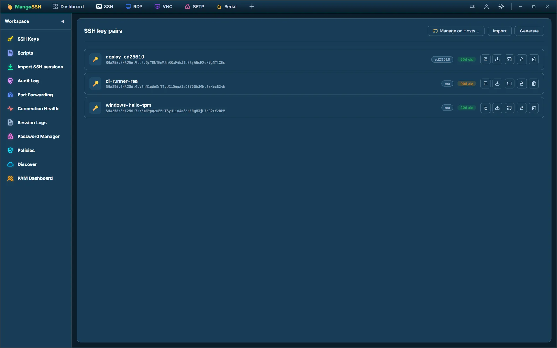 The SSH key pairs panel listing three key pairs with their type and fingerprint