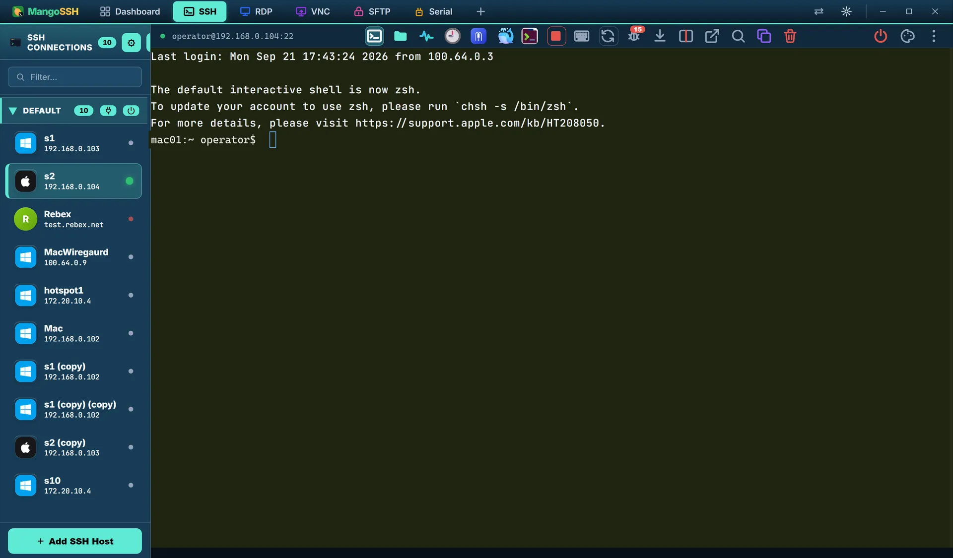 A live SSH terminal session with the per-session toolbar above it and the host sidebar on the left showing platform icons and status dots