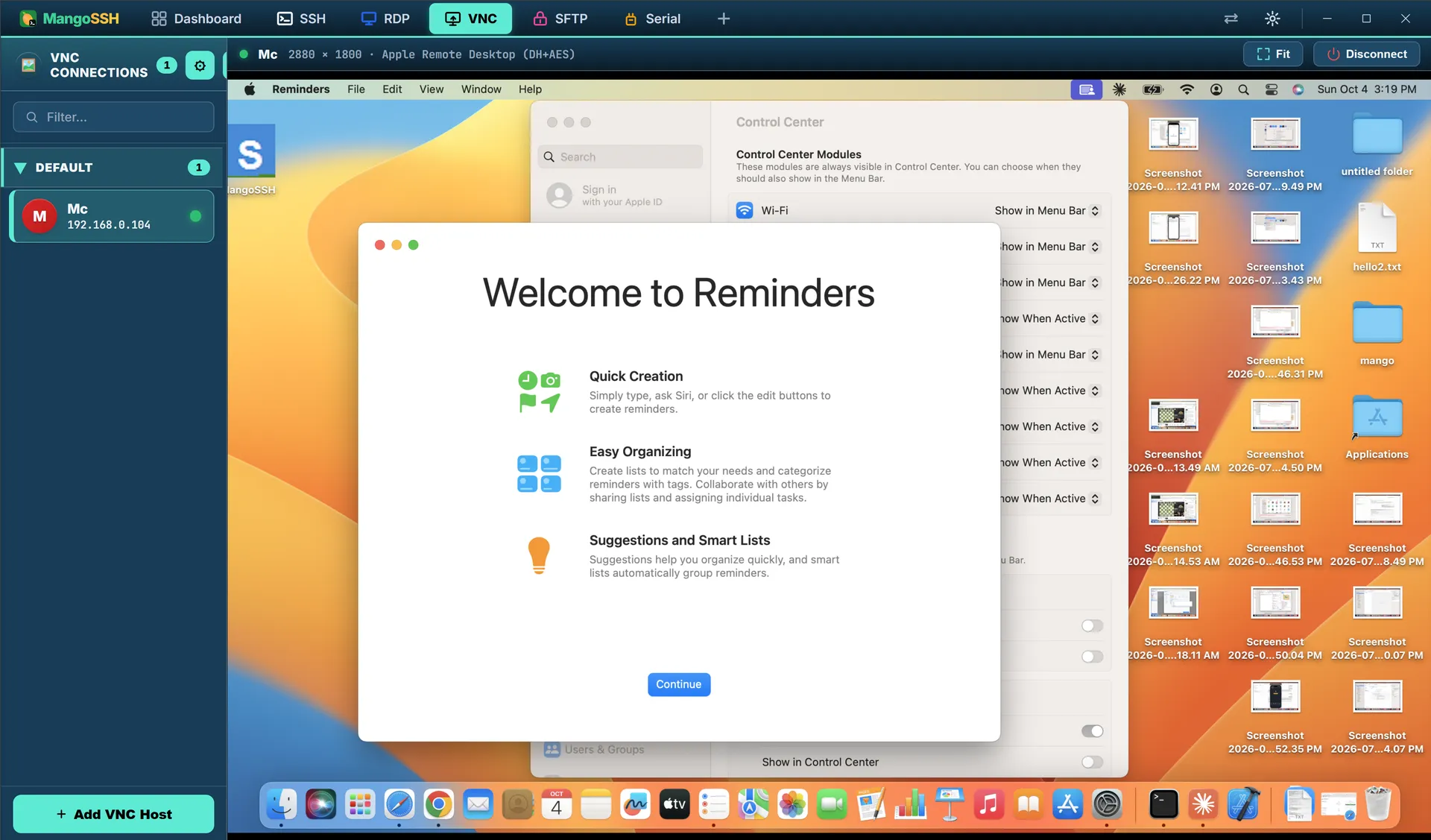 A live VNC session filling the pane, its title bar reporting 2880x1800 and Apple Remote Desktop with DH+AES encryption