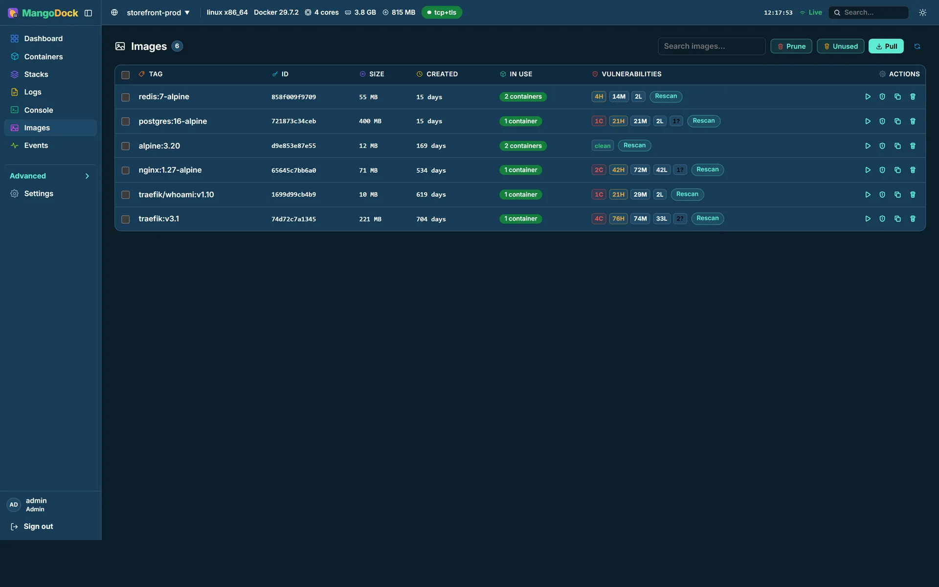 The Images page, where each image carries a vulnerability severity column