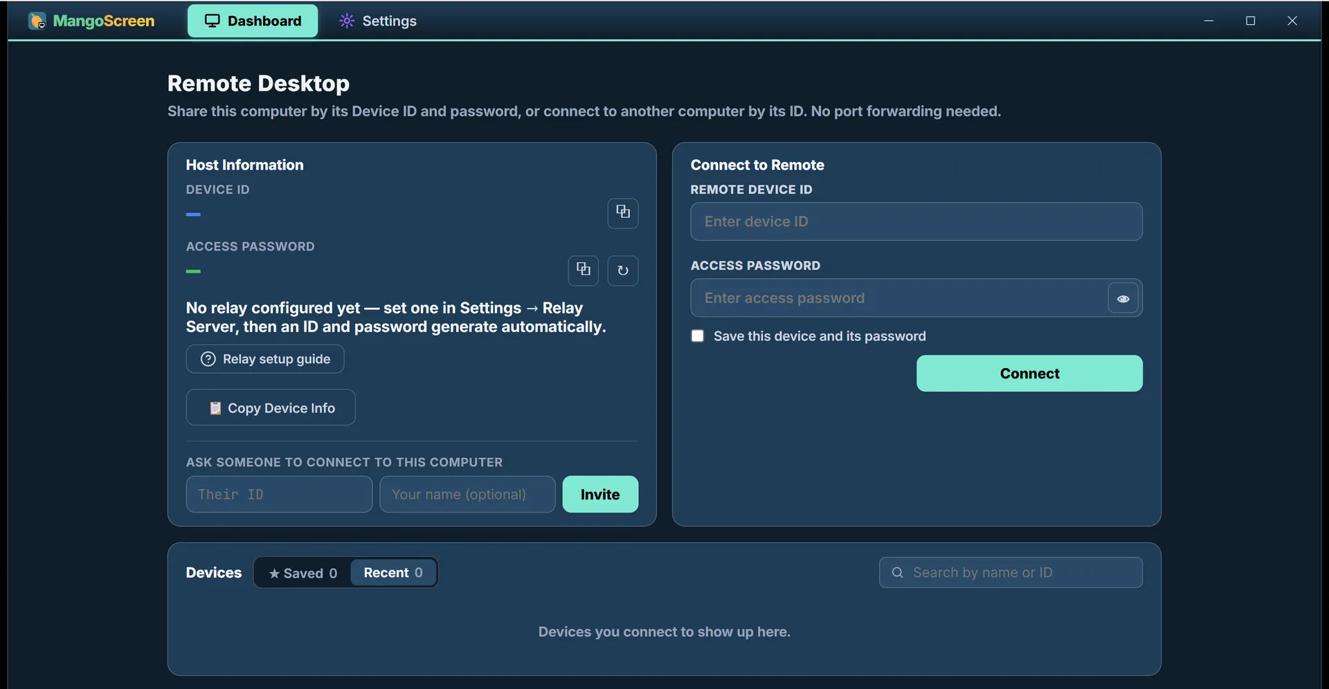 The MangoScreen Dashboard: a Host Information card with this computer’s Device ID and access password and an Invite row, a Connect to Remote card taking a remote ID and password, and an empty Devices list below