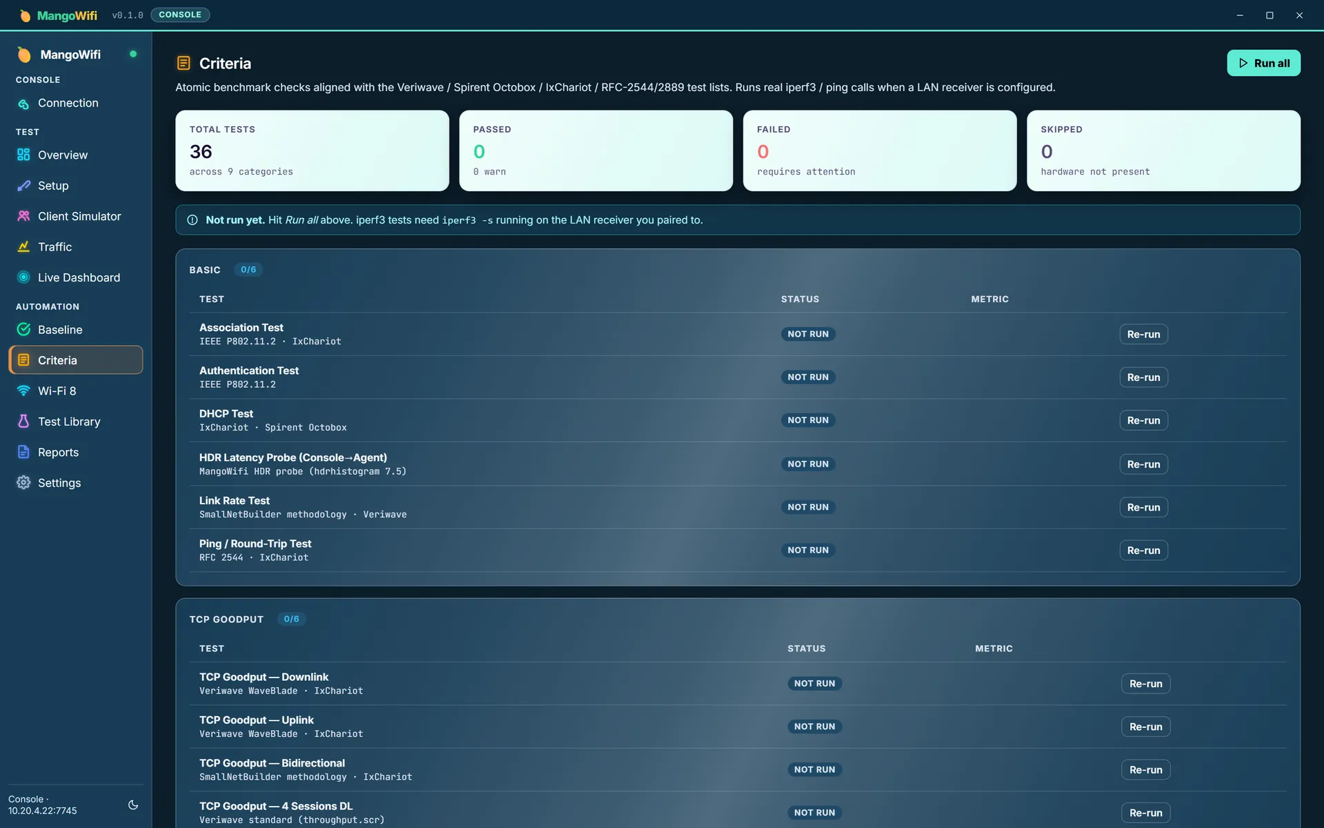 The Criteria view listing per-metric test rows grouped by category