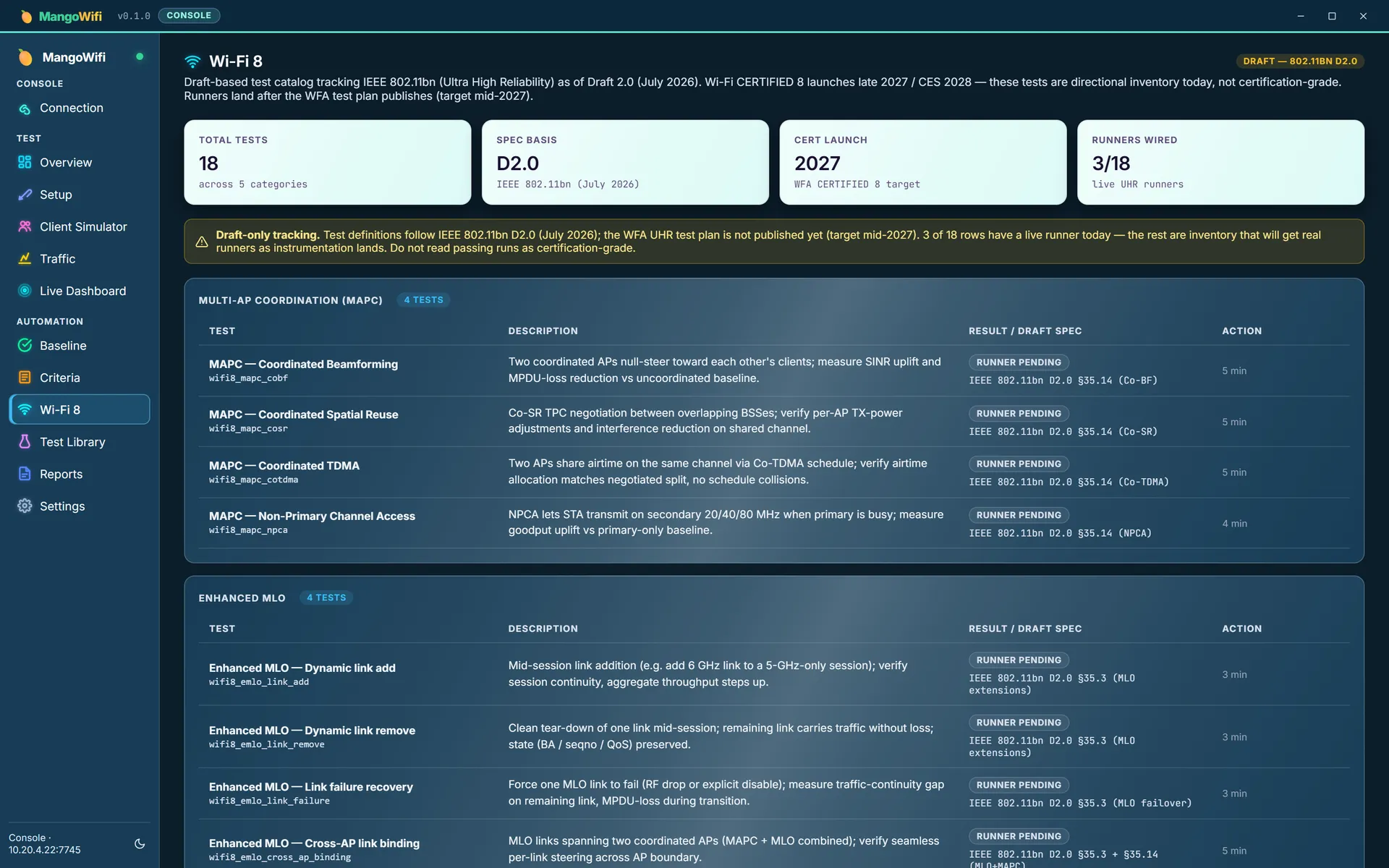 The Wi-Fi 8 view listing MAPC and Enhanced MLO rows with their draft spec clauses, each chipped RUNNER PENDING
